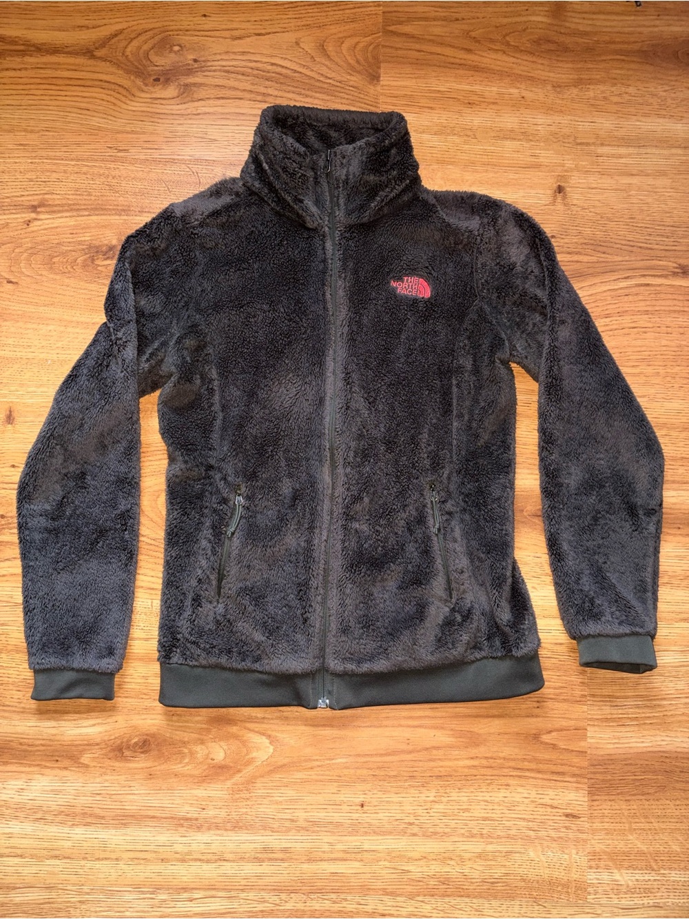 The North Face Olive Brown Teddy Fleece Full-Zip Jacket with Orange Logo S